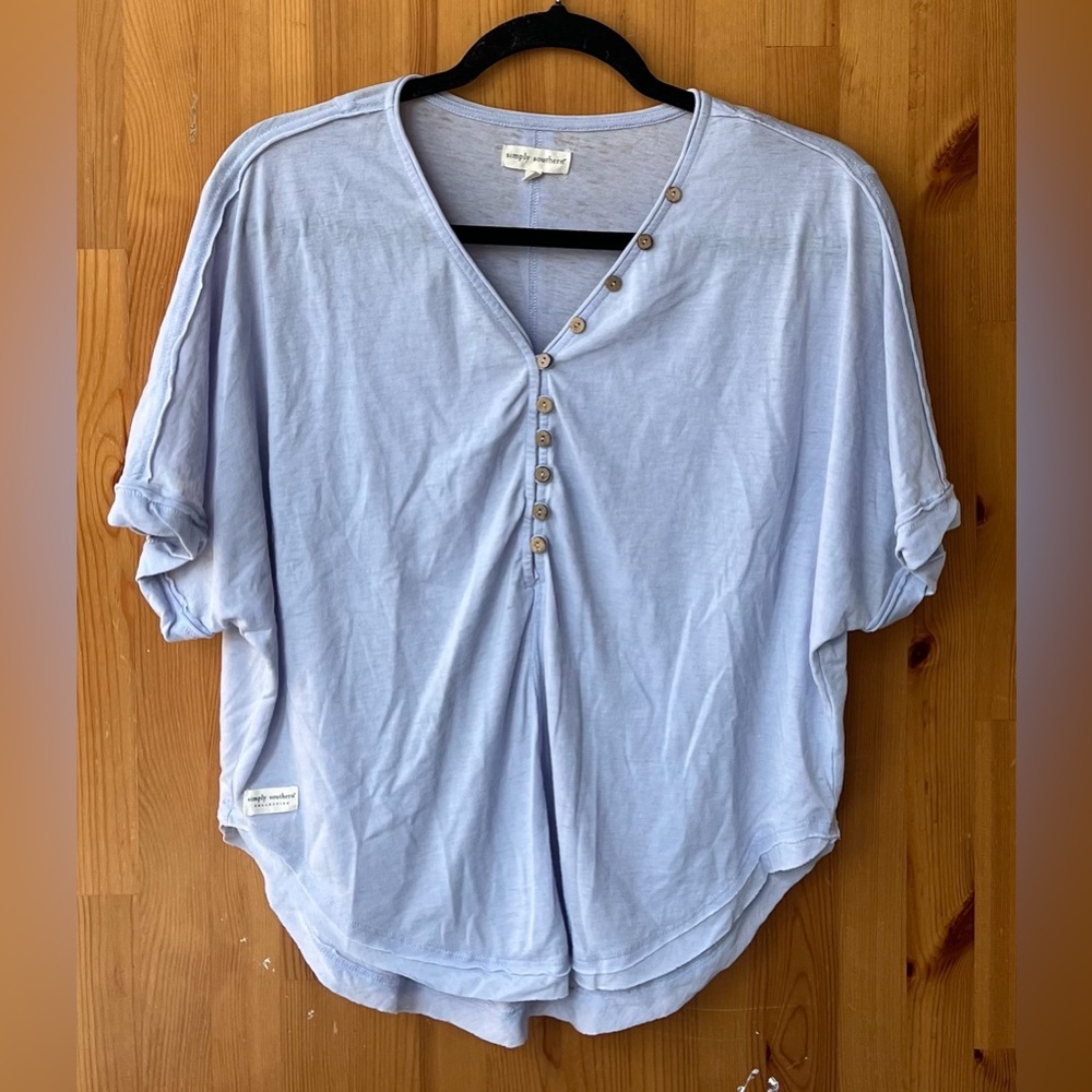 Simply Southern Women's Light Blue Short Sleeve V-Neck T-Shirt - Size S